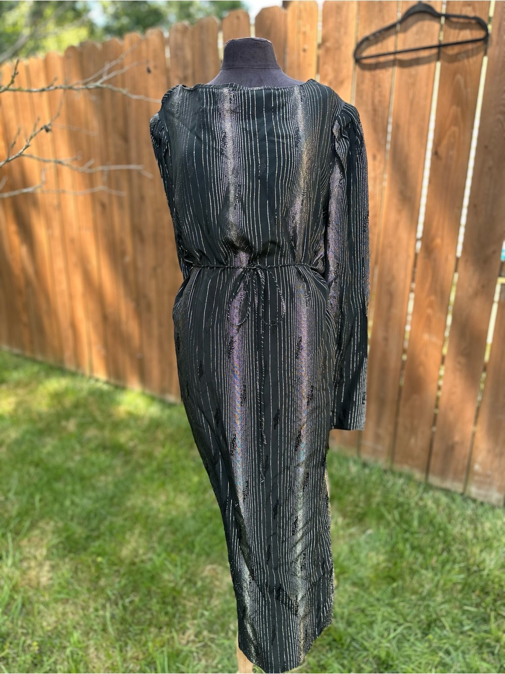 Vintage Black Metallic Stripe Long Sleeve Dress